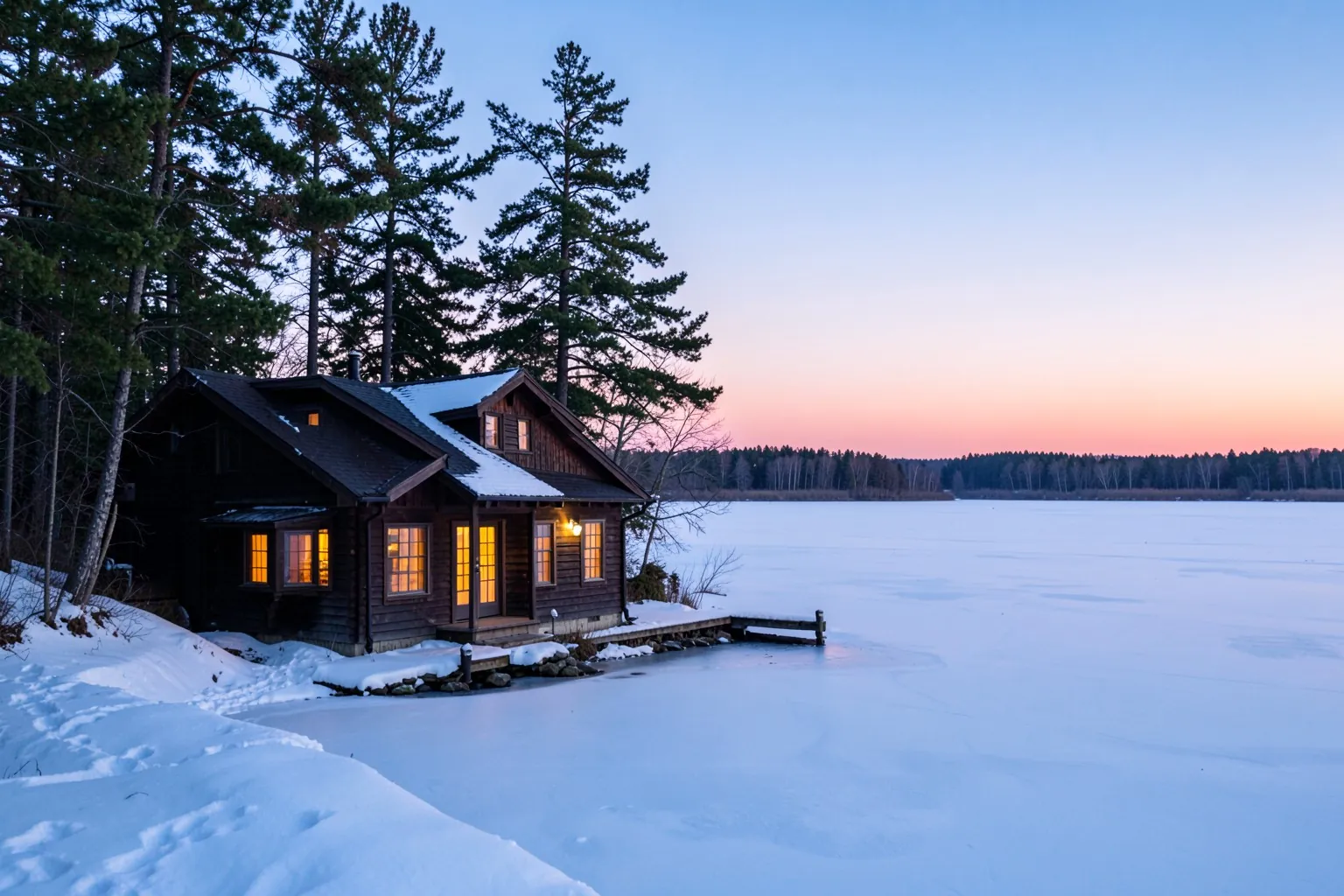 A lakeside cottage on a frozen lake at dusk with its windows lit