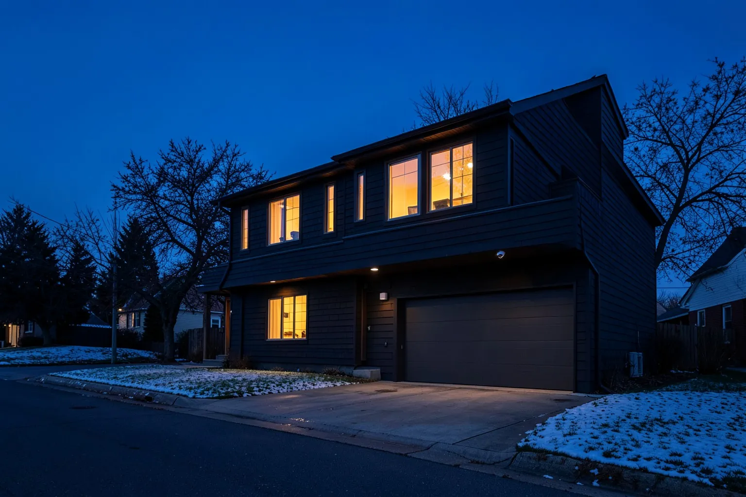 A modern home at dusk with warm lights on and a small security camera under the eaves