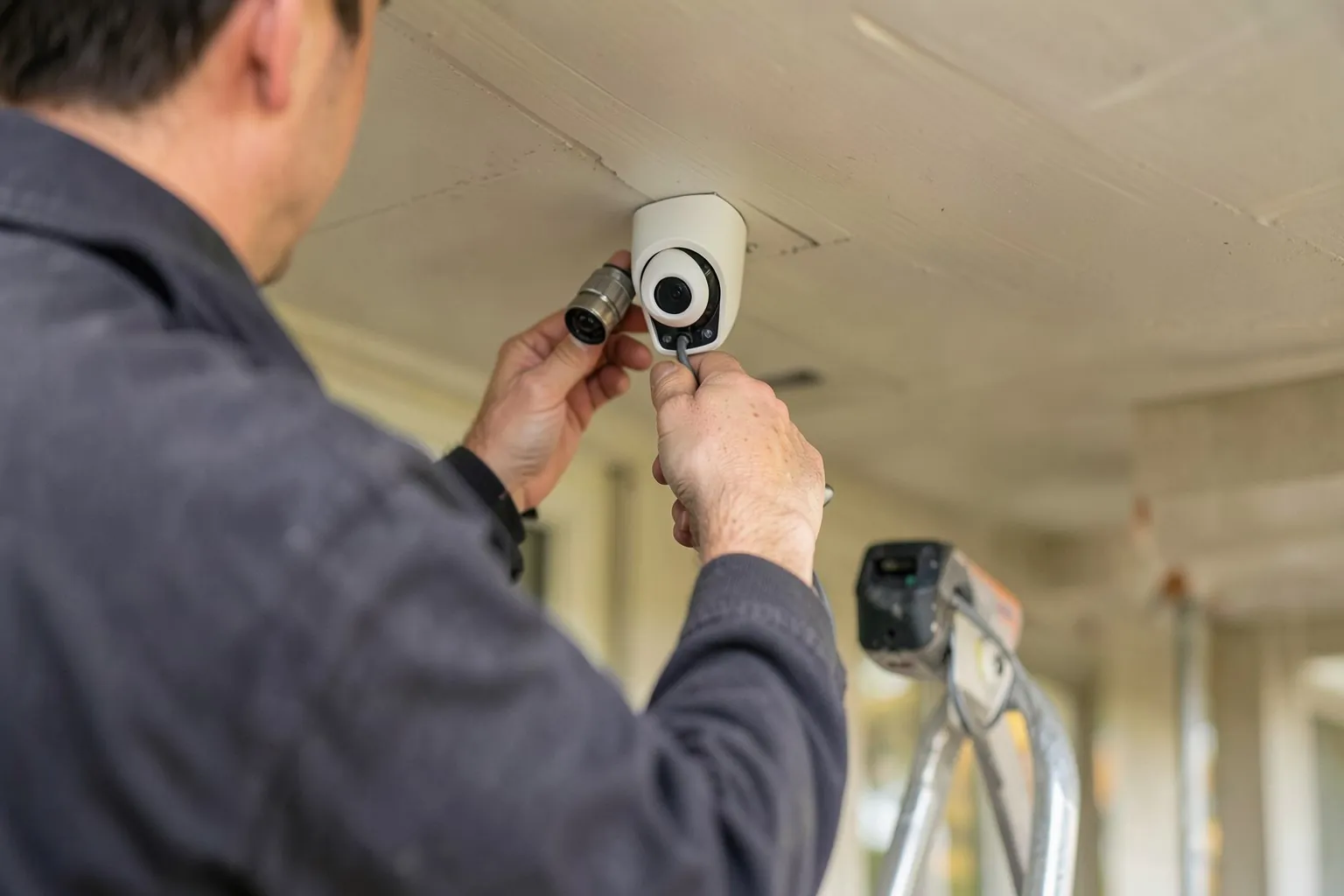 An installer mounting a security camera under the eaves of a house
