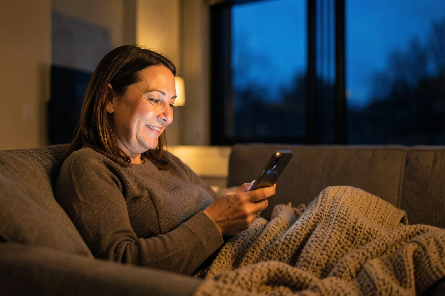 A woman relaxing on the sofa in the evening, smiling at her phone