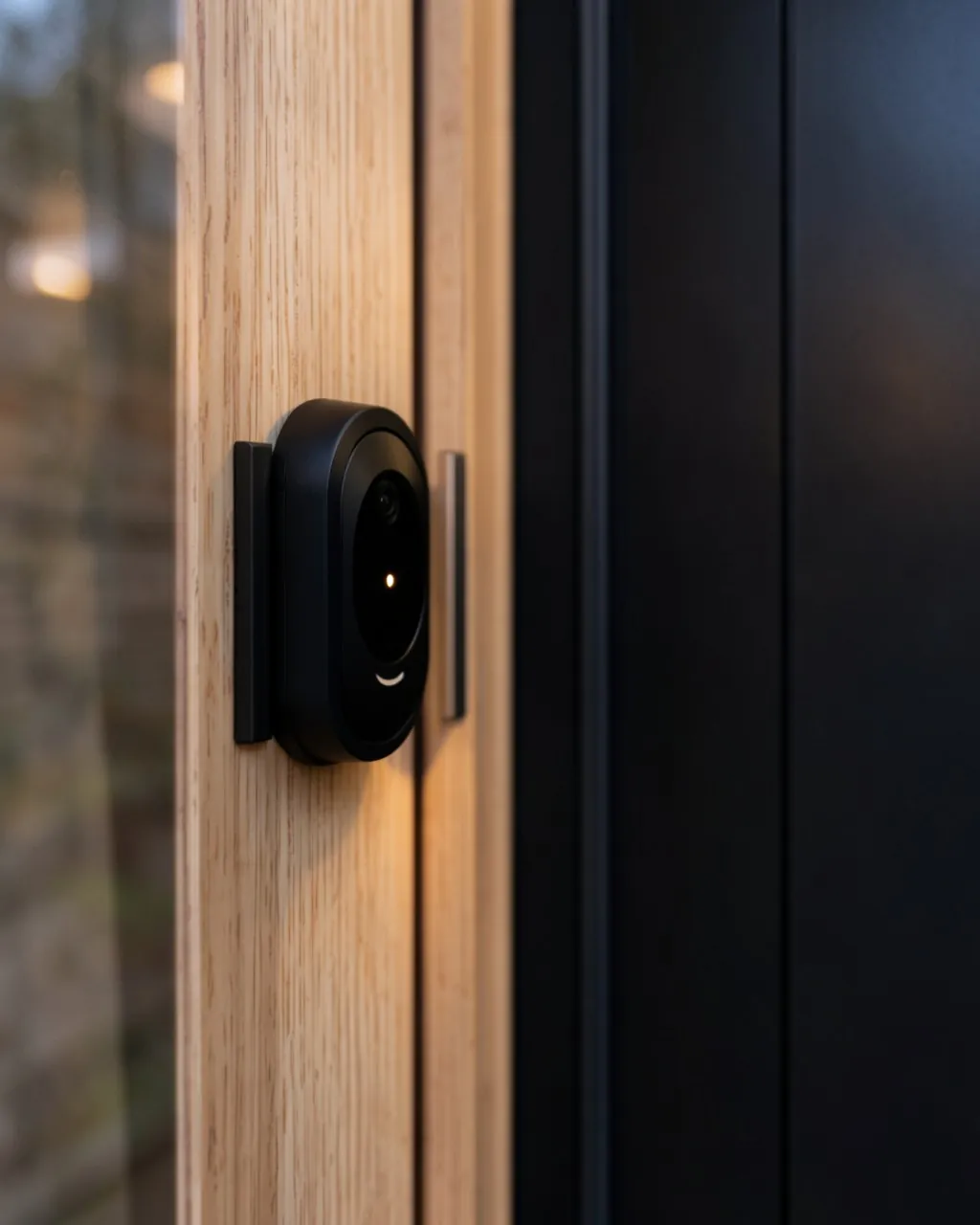 A slim black video doorbell beside a modern front door