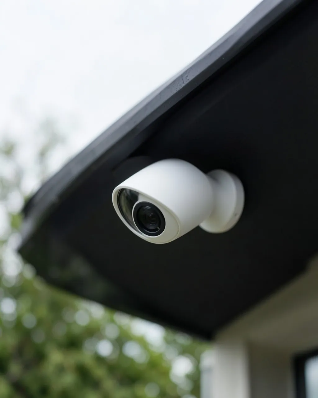 A white security camera mounted under a dark soffit