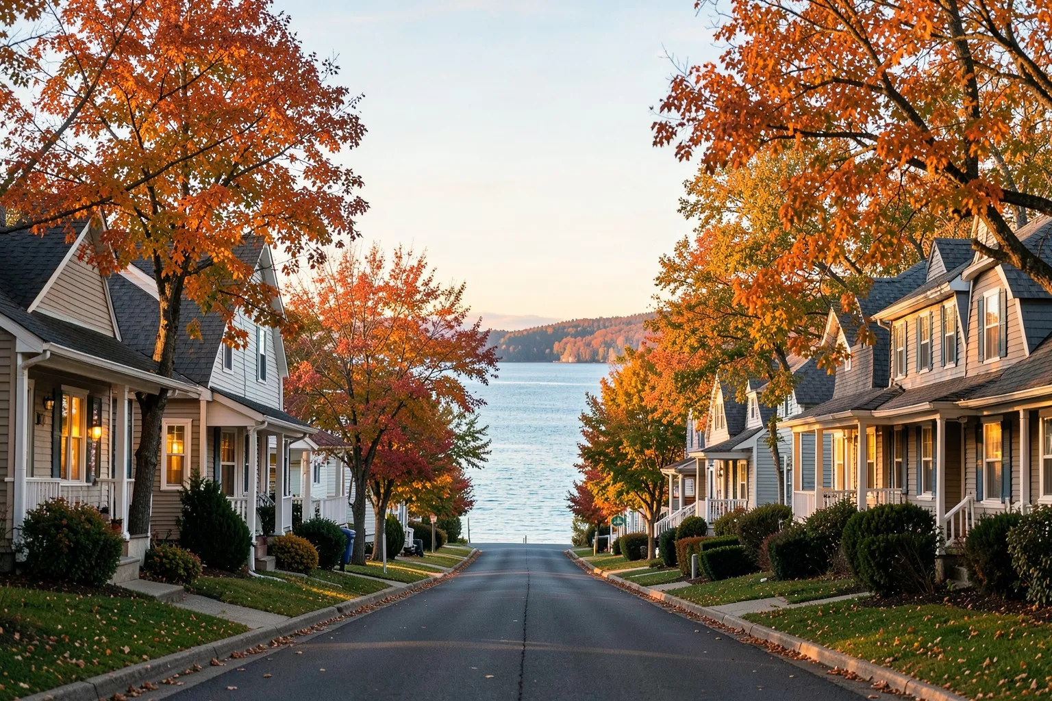 A quiet tree-lined street of family homes leading down to the lake in autumn
